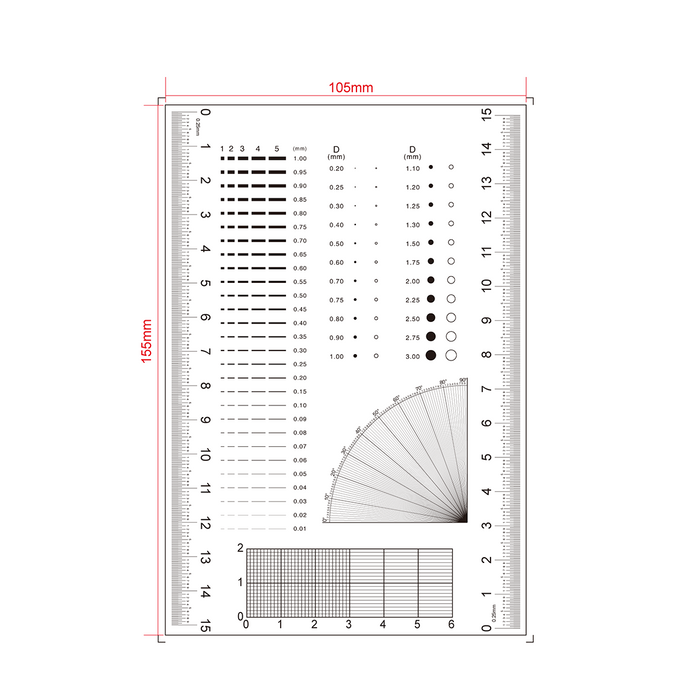 150mm/600 Div, 20x30mm/200x300 Net Grid, 20x30mm/200x3 Net Grid Comparison Test Gauge, SKU RT02420503, three quarter front view