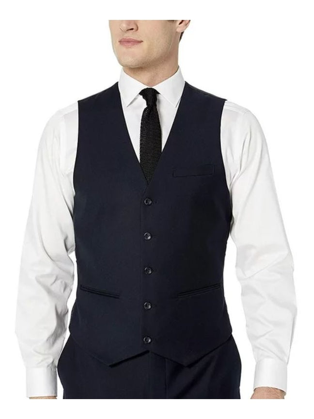 Adam Baker Solid Navy Blue Classic Fit Three Piece Suit