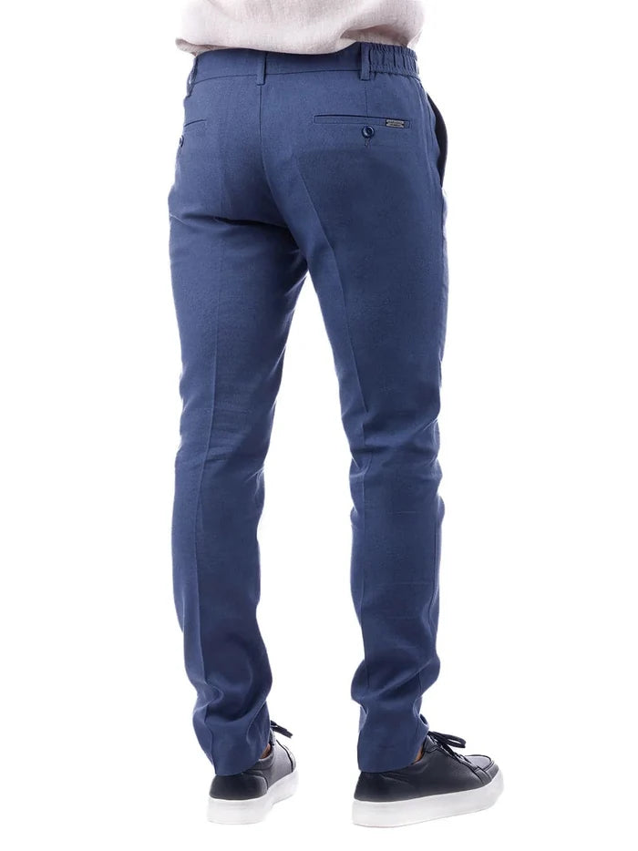 Barabas Mens Slim Fit Solid Blue Linen Cotton Blend Flat Front Dress Pants