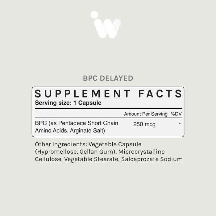 Supplement Facts panel for InfiniWell BPC Delayed showing serving size, BPC per capsule, and other ingredients.