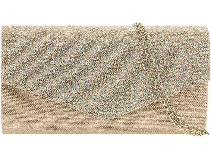Champagne Glitter & Diamante Clutch Bag