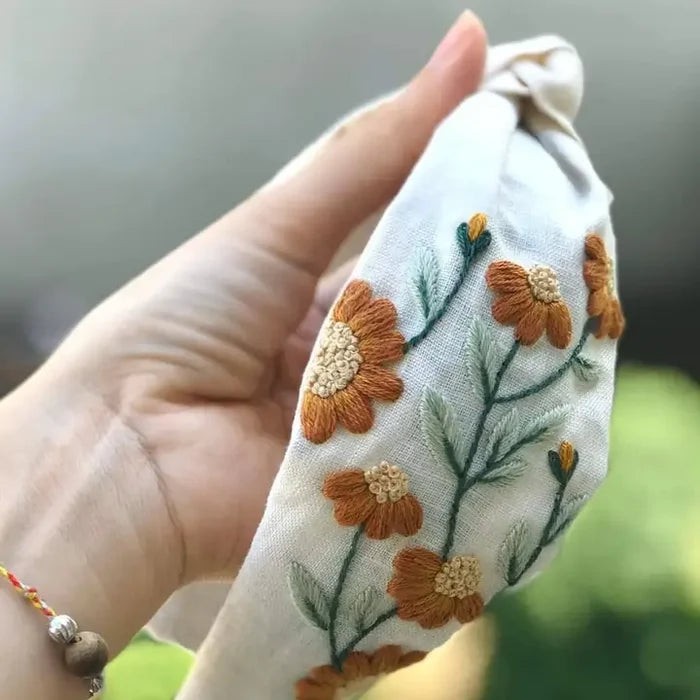 Floral Embroidered Linen Knot Turban, Camilia Collection