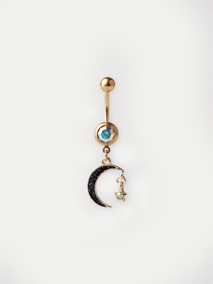 Gem Gold Moon Star Navel Barbell 14G | Aurora Borealis-Image 1