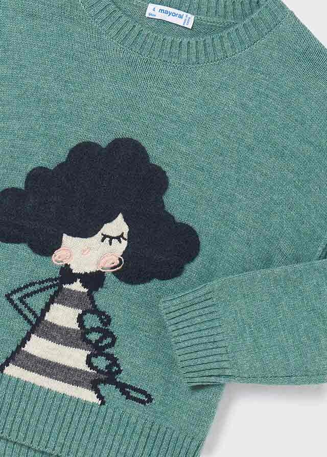 Close-up of Mayoral girls graphic sweater showing front artwork, knit texture, and sleeve detail.
