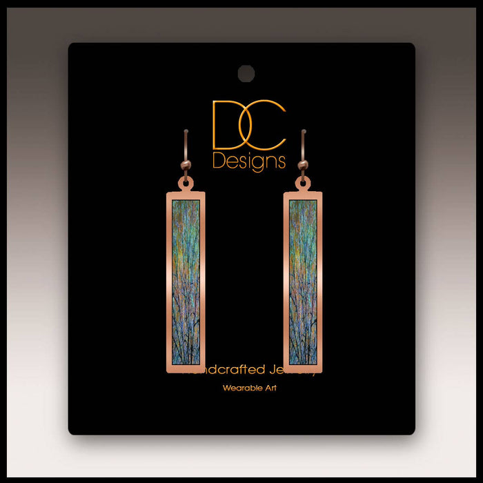 Illustrated Light & DC Designs - Blue Branches Artistic Copper Show case Rectangle Earrings