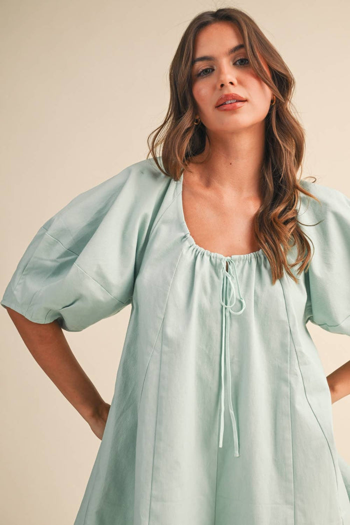IR2141-G TWILL OVERSIZED SCOOPNECK PUFF SLEEVE ROMPER