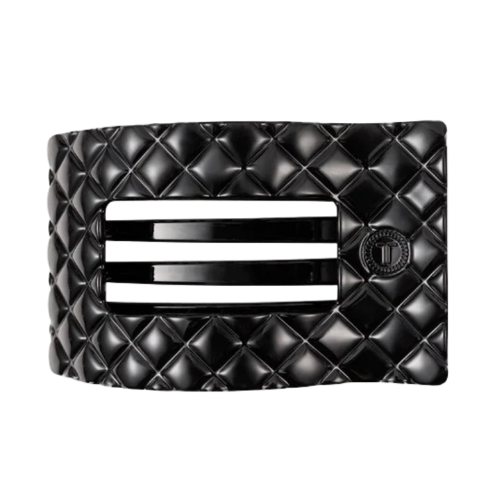 Black quilted clutch bag with a brand logo on a white background