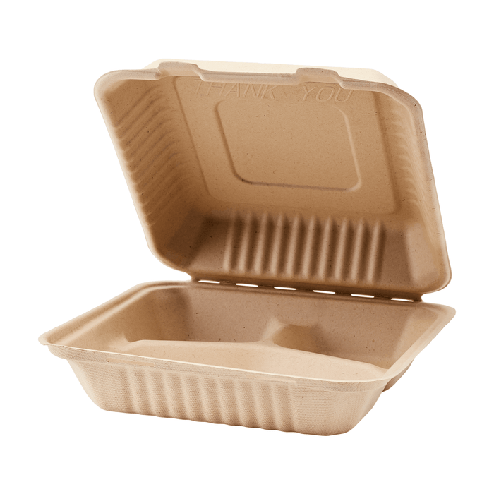 Karat Earth 9 x 9 Fiber Hinged Container | 3-Compartment | Natural | PFAS-Free
