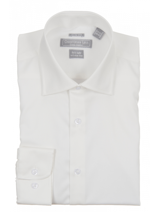 Mens Slim Fit Solid Off White Spread Collar Wrinkle Free 100% Cotton Dress Shirt - The Suit Depot