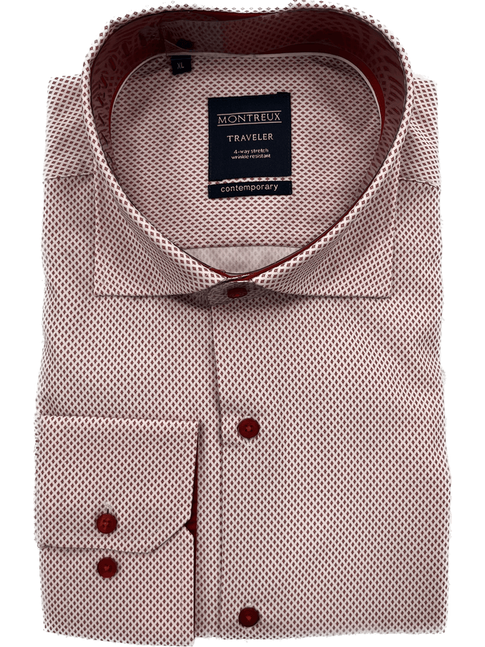 Montreux Mens Contemporary Fit Red Spread Collar 4-way Stretch Dress Shirt