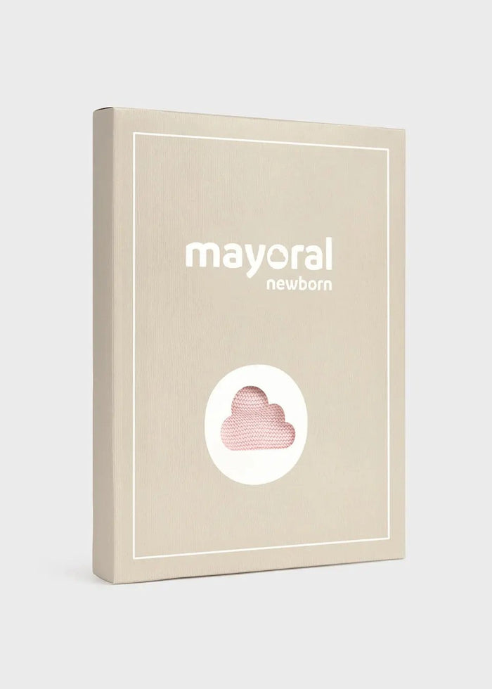 Gift box packaging for Mayoral newborn girl 3-piece knit set.