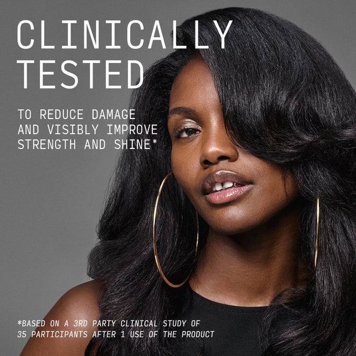 Model with full, shiny black hair alongside Clinically Tested to Reduce Damage and Visibly Improve Strength and Shine claim text, based on a 3rd party clinical study of 35 participants after 1 use