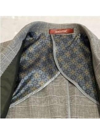 Romaster Mens Slim Fit Gray Plaid Linen Blend Blazer Sportcoat With Peak Lapels