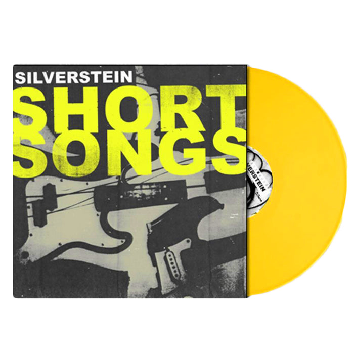 A bright yellow 10” LP vinyl by Silverstein slides out of its sleeve, which shows a black-and-white electric guitar and bold yellow Silverstein Short Songs text—ideal for any Punk Rock Elite collection.