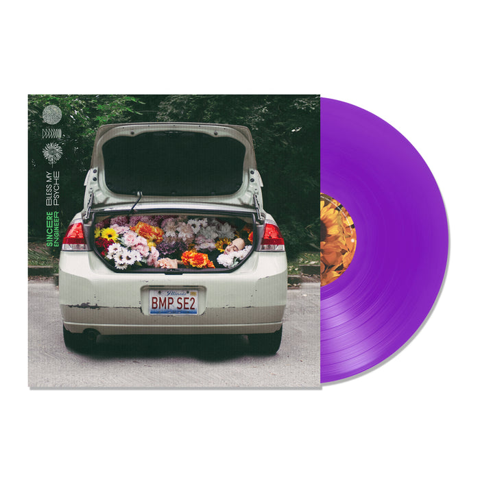 A Sincere Engineer 1000-unit purple variant vinyl sits beside its album cover, which shows the back of a car with an open trunk full of colorful flowers. The license plate reads BMP SE2, and the tracklist completes this vibrant set.