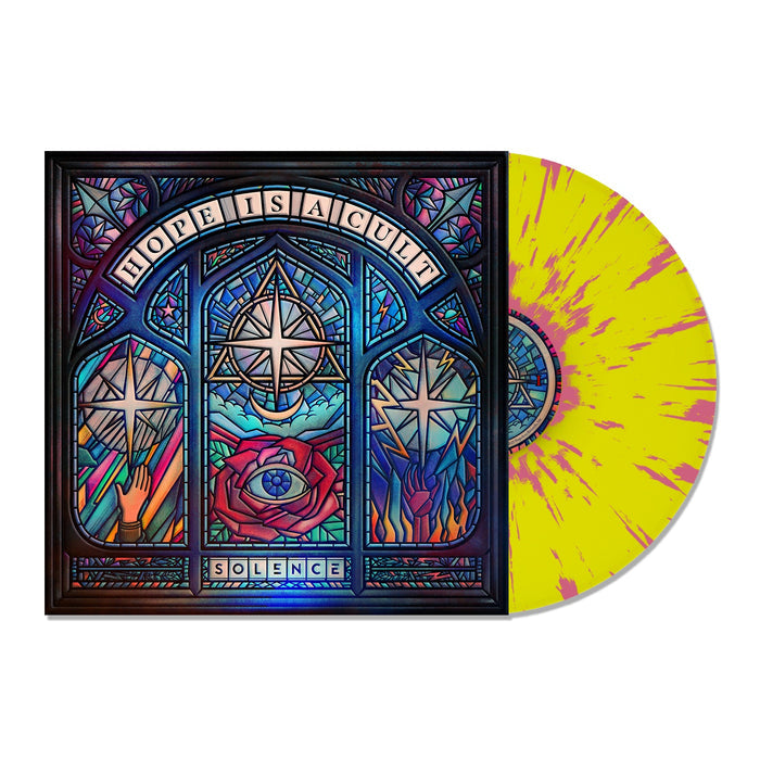 A limited edition Solence vinyl with a yellow and purple splatter design is shown partly in its sleeve, featuring stained glass art, religious symbols, a red rose, tracklist details, and the phrases HOPE IS A CULT and SILENCE.