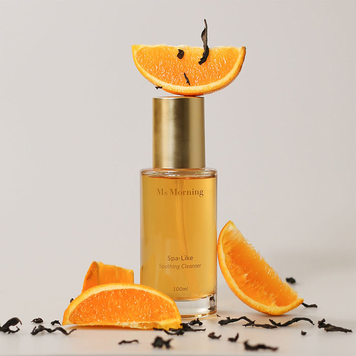 100ml bottle of Ms Morning Spa-Like Soothing Cleanser styled with oranges, a gentle, yet effective formula that hydrates and nourishes your skin with betula platyphylla japonica juice and glycerin, while natural surfactants ensure a thorough cleanse without stripping your skin.