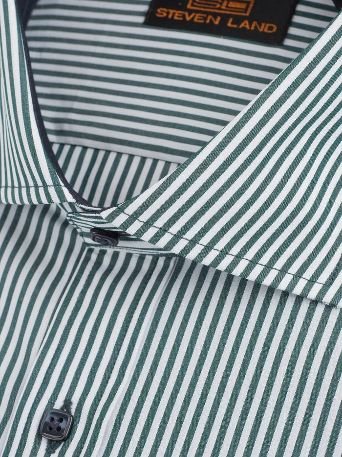 Steven Land Mens Classic Fit Green & White Striped 100% Cutaway Collar Cotton Dress Shirt