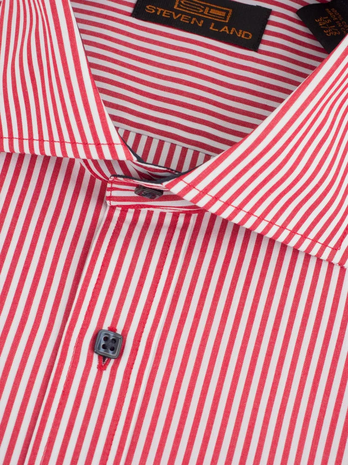 Steven Land Mens Classic Fit Red & White Striped 100% Cotton Cutaway Collar Dress Shirt - The Suit Depot