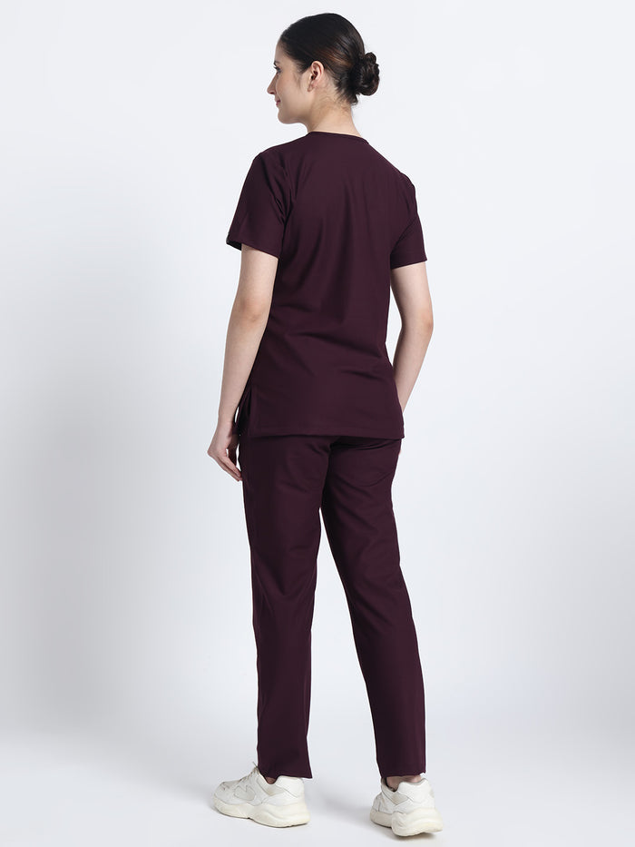 Stretchable (4Way) Women Wine V-Neck With Straight Pant Scrub Set