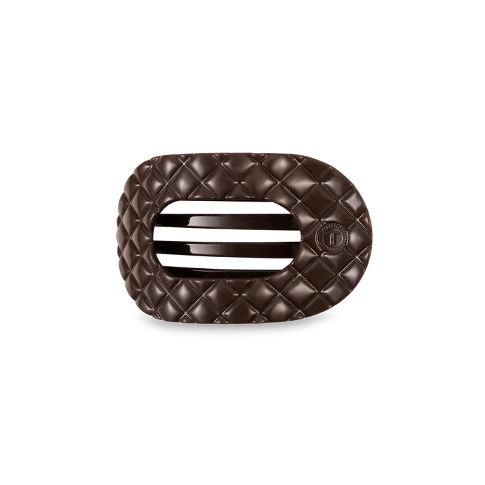 Teleties hair clip, taupe quilted hair clip, small flat hair clip, round hair clip, comfortable hair clip, flat back clip, durable hair clip, stylish hair accessory, non-slip hair clip, Teleties small clip