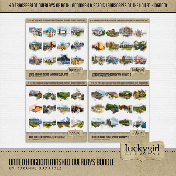 Celebrate the United Kingdom, England, Scotland, Northern Ireland, Wales, and all of Europe with these beautiful scenic masked digital art overlays by Lucky Girl Creative! With transparent edges, these masked photographs blend seamlessly into any background paper and make the perfect backdrop for all travel, vacation, and holiday pages.