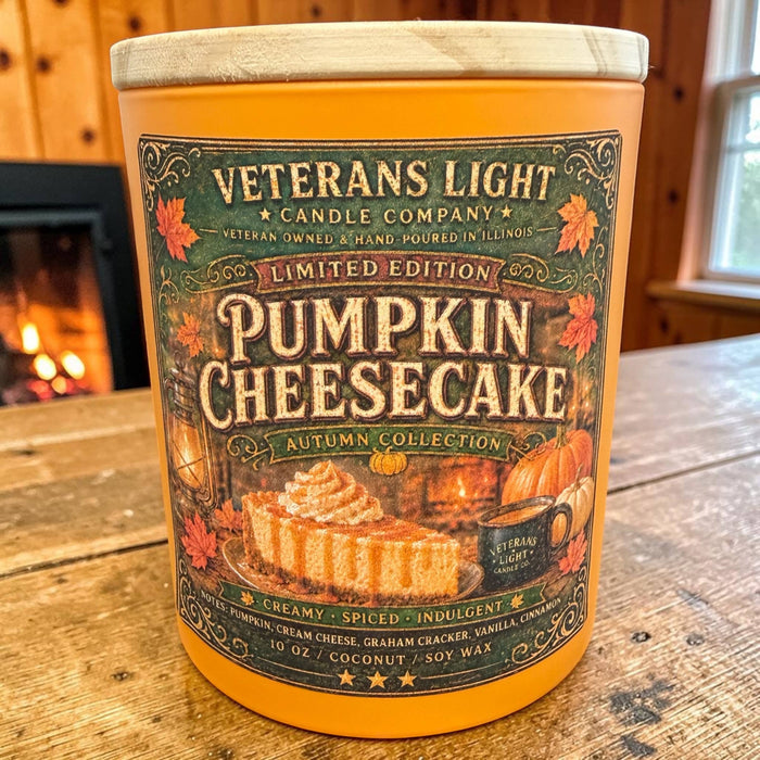 Veterans Light Candle Company - Pumpkin Cheesecake | Pumpkin Caramel, Spice & Graham Crust: 10 oz