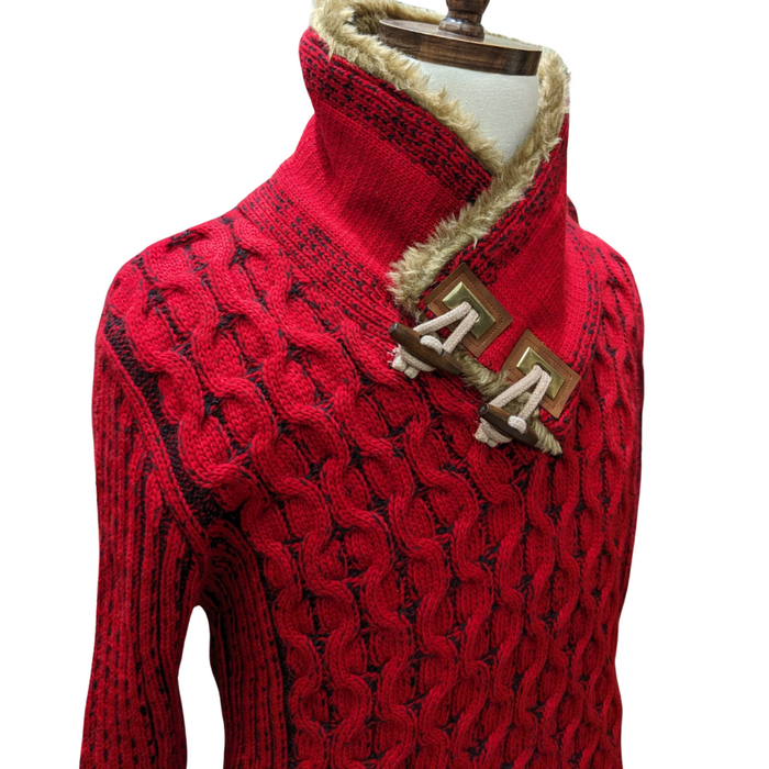 Young Republic Solid Red Cotton Blend Shawl Neck Aran Sweater with Faux Fur Collar - The Suit Depot