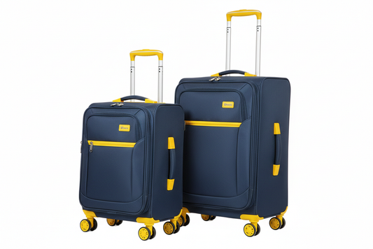 2pc Dfavors navy blue soft-shell trolley suitcase set medium and large with yellow accents on white background