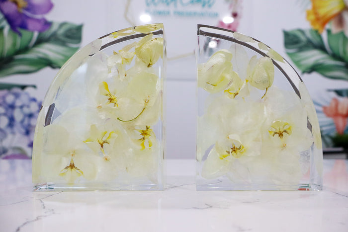 clear book end set of two resin bookends with preserved orchids and dried flowers on a tropical pattern background
