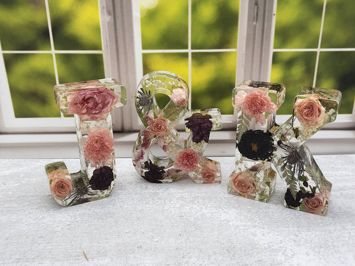 Wide landscape photo of a pressed flower sympathy keepsake with layered dried flowers