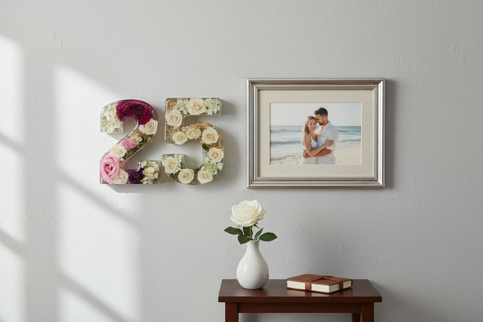 Resin Number Block Birthday Decor Anniversary Gift for Her Dried Flower Preservation Custom Milestone Bouquet Keepsake Personalized Wall Art on a wall next to a couple's engagement or wedding photo