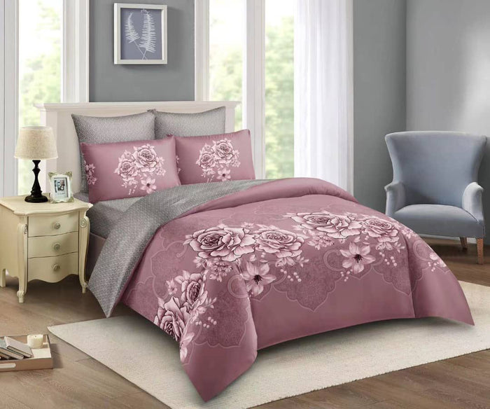 6x6 Pink Floral Rose Duvet Set – 4pc Bedding Set – Pink & Grey