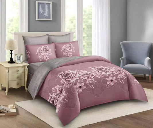 6x6 Pink Floral Rose Duvet Set – 4pc Bedding Set – Pink & Grey