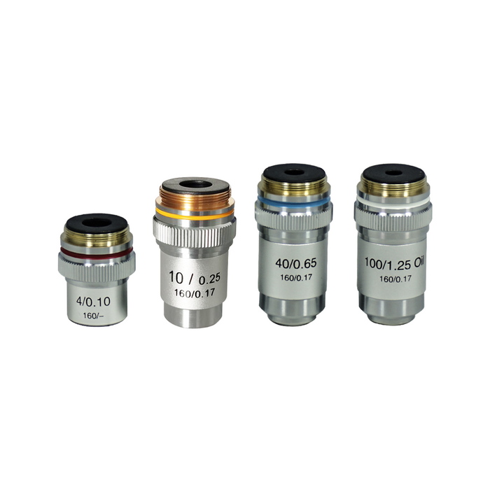 Achromatic Microscope Objective Lens Set (Oil Spring) 4X 10X 40X 100X, SKU BM04013011, three quarter front view