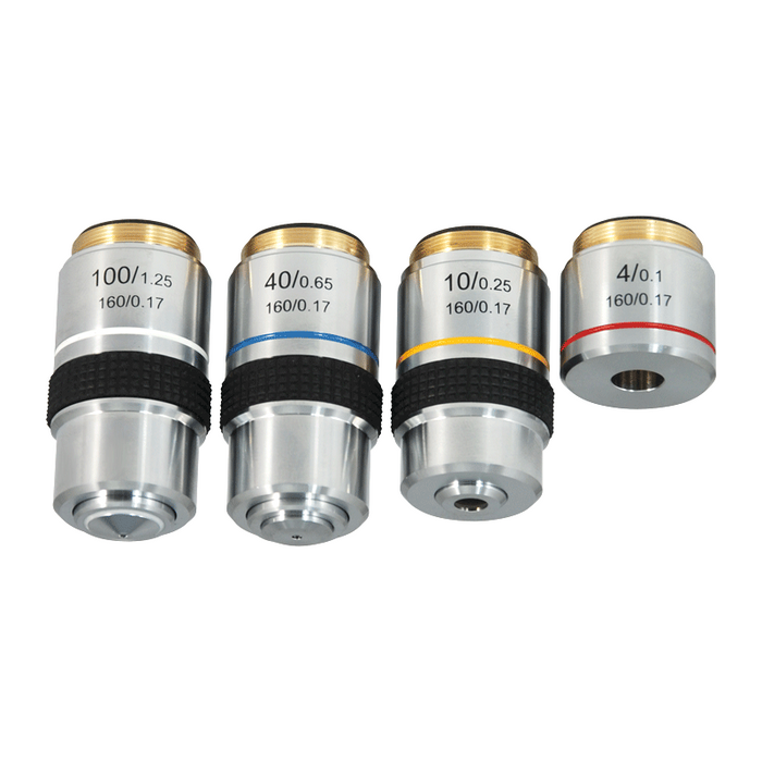 Achromatic Microscope Objective Lens Set (Oil Spring) 4X 10X 40X 100X, SKU BM05043011, three quarter front view