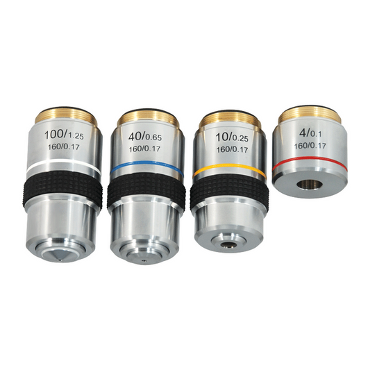 Achromatic Microscope Objective Lens Set (Oil Spring) 4X 10X 40X 100X, SKU BM05043011, three quarter front view