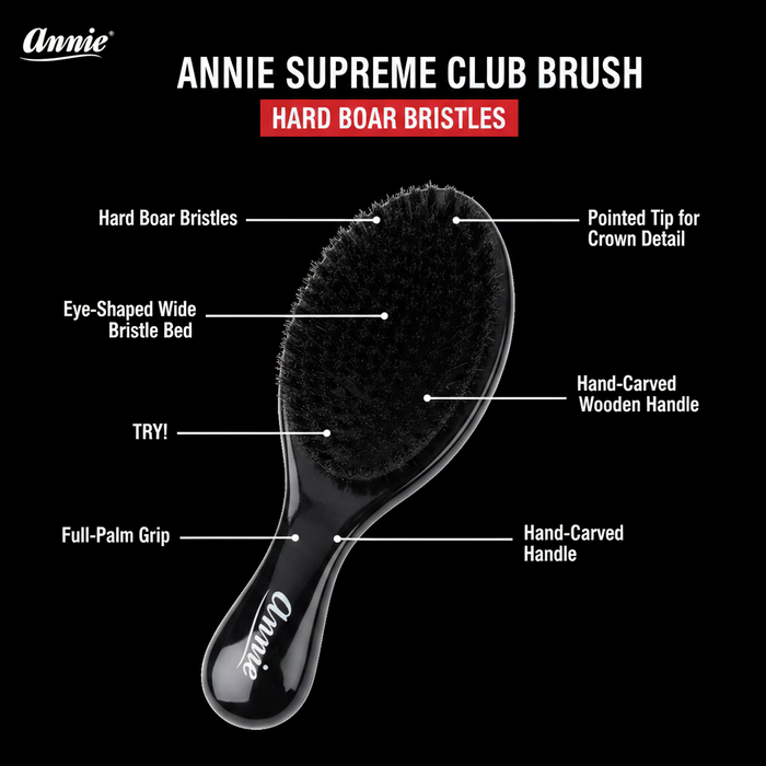 Annie Supreme Club Brush Hard Boar Bristles, 1 Count, Black