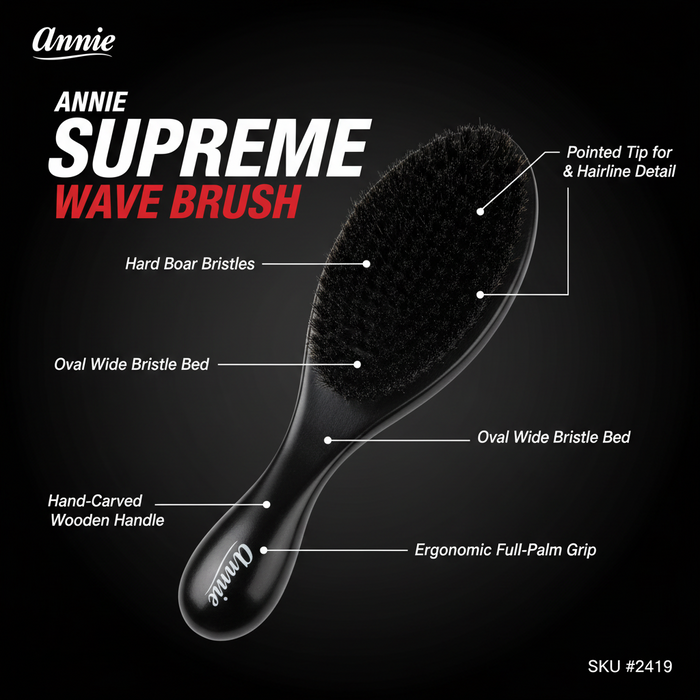 Annie Supreme Wave Brush Hard Boar Bristles, 1 Count, Black