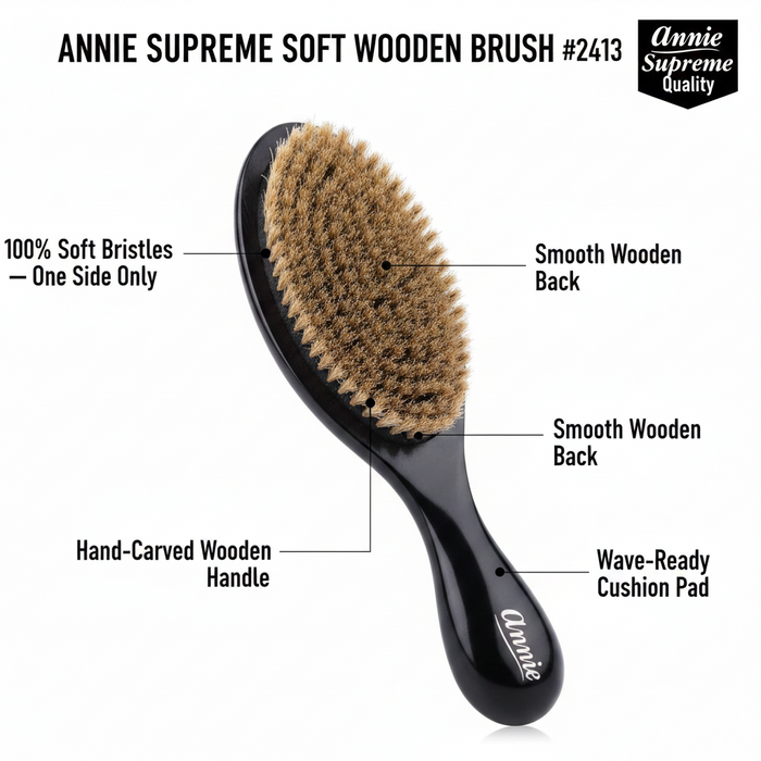 Annie Supreme Wave Brush Soft Boar Bristles, 1 Count, Black
