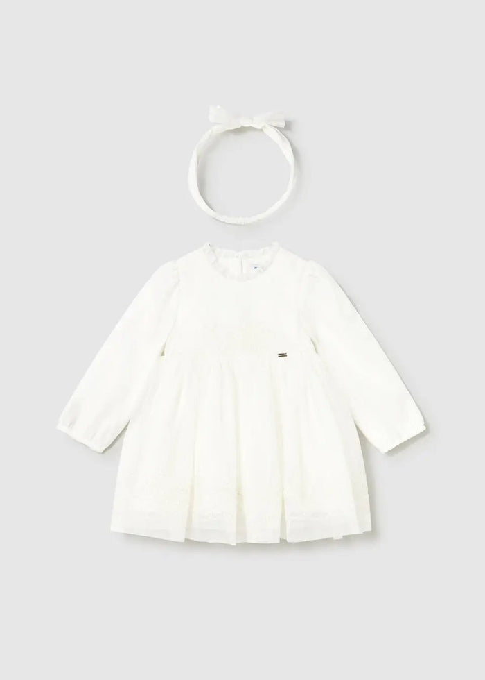 Mayoral baby girl Ivory embroidered tulle dress with long sleeves, soft lining, and matching bow headband.