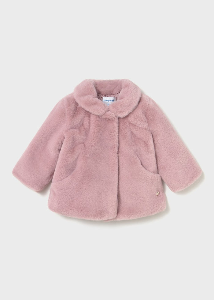 Mayoral baby girl Pink/Blush faux fur coat with rounded collar, snap front, and plush texture.