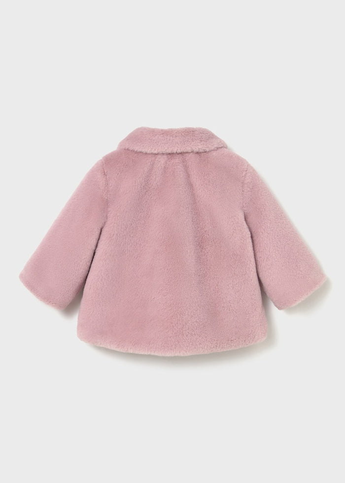 Back view of Mayoral baby girl faux fur coat showing soft Pink/Blush color and cozy shape.