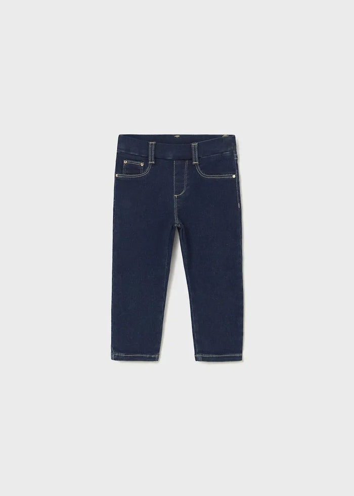 Mayoral baby girl Dark Denim skinny jeans with adjustable waist, stretch fit, and clean denim wash.