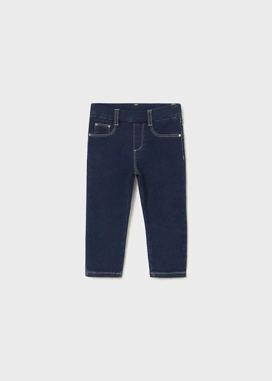 Mayoral baby girl Dark Denim skinny jeans with adjustable waist, stretch fit, and clean denim wash.