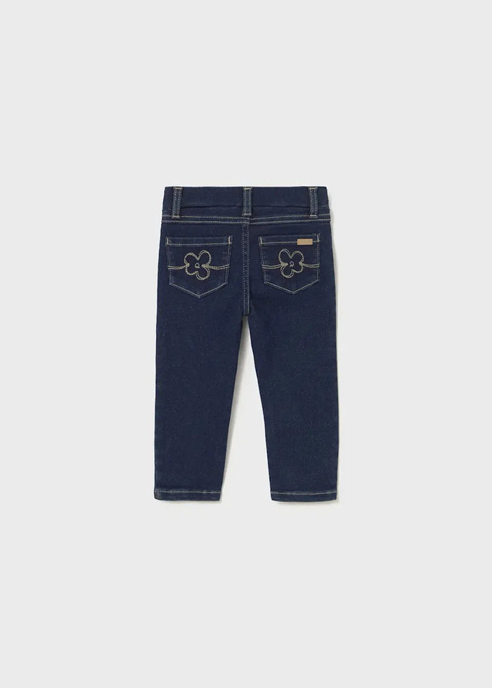 Flat view of Mayoral baby girl Dark Denim skinny jeans showing slim leg and classic denim style.