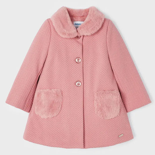 Mayoral baby girl pink structured knit coat with faux-fur collar, button front, and faux-fur pockets.