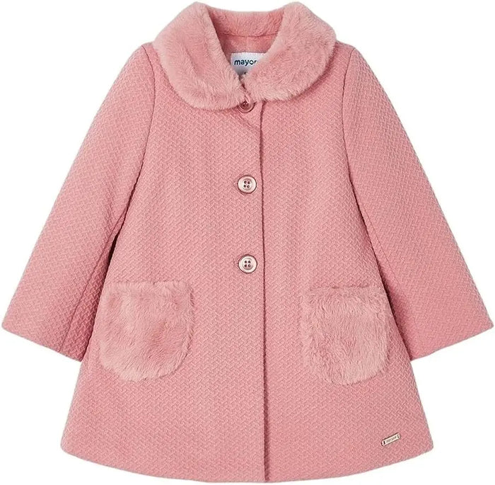 Front view of Mayoral baby girl pink knit coat showing button closure, soft collar, and pocket details.