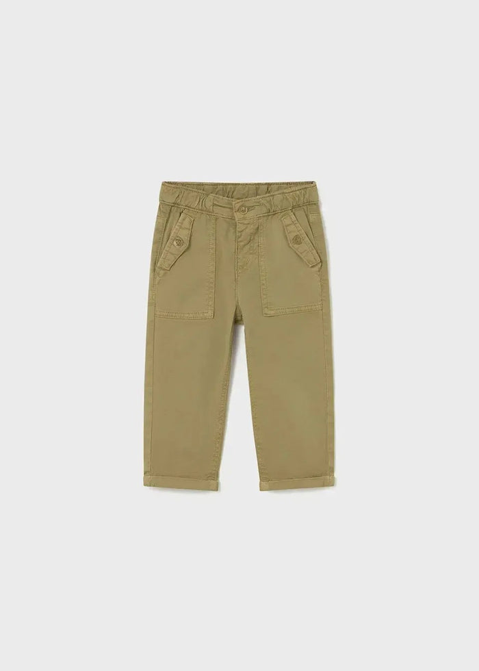 Mayoral baby boy Khaki twill pants with adjustable waist, straight leg, and classic pocket detail.