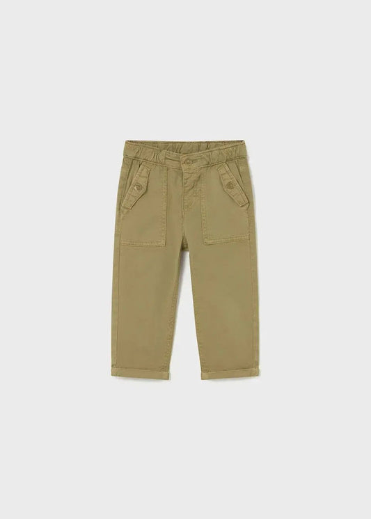Mayoral baby boy Khaki twill pants with adjustable waist, straight leg, and classic pocket detail.